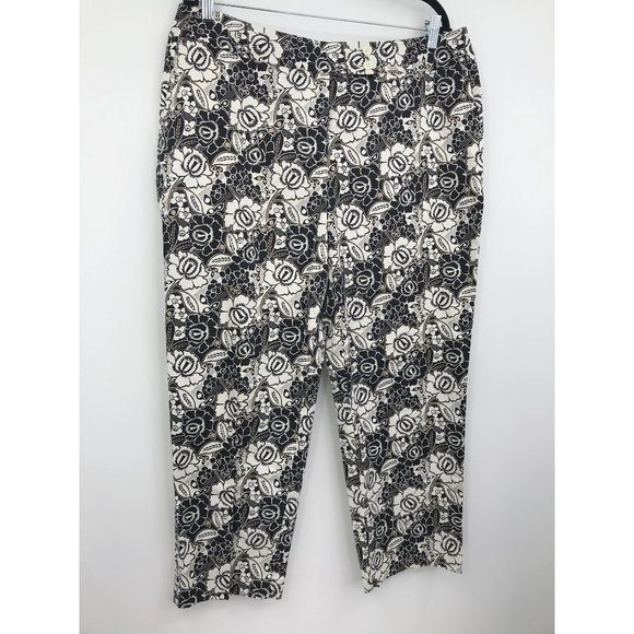 Liz Claiborne Audra Floral Print Crop Sateen Pant Black White Tan 16 - Picture 2 of 5